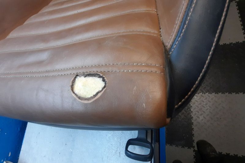 Photo gallery, repair of a hole in a leather seat
